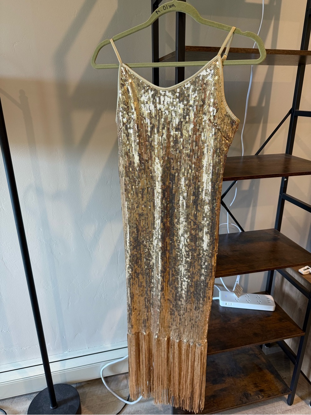 Nanette Lepore Gold Sequin Fringe Slip Dress